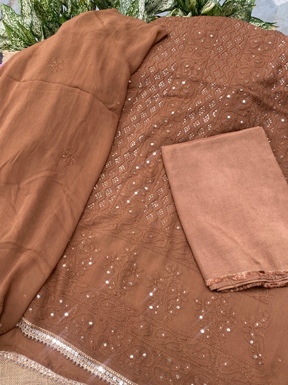 Sunehri Noor | Coffee Brown Chikankari Mukaish Unstitched Dress Set - Famous Chikankari