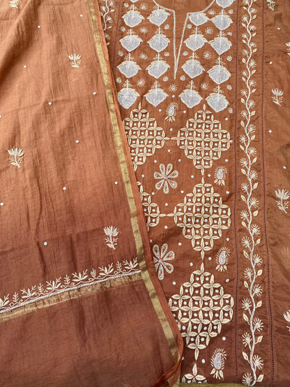 Semi-Stitched Chocolate Brown Ombre Chikankari Kurta & Dupatta
