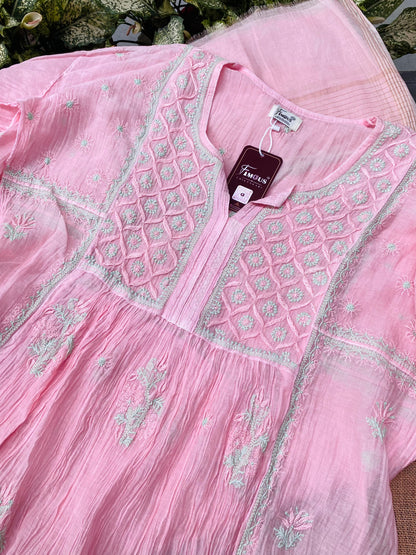 Baby Pink Chikankari Semi-Stitched Mul Chanderi Gown With Dupatta