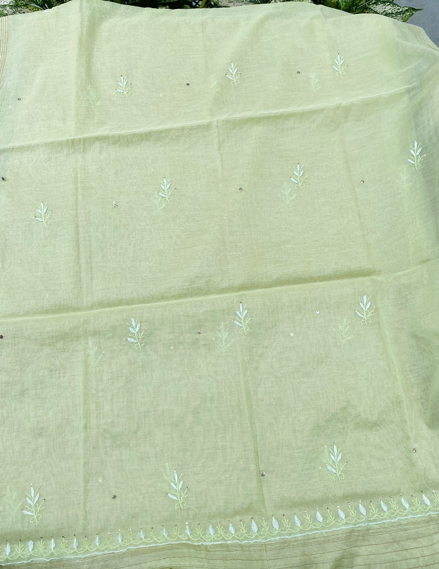 Zaraish Chikankari Semi-Stitched Mul Chanderi Gown With Dupatta-Pista Green