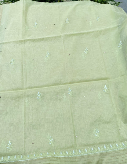 Zaraish Chikankari Semi-Stitched Mul Chanderi Gown With Dupatta-Pista Green