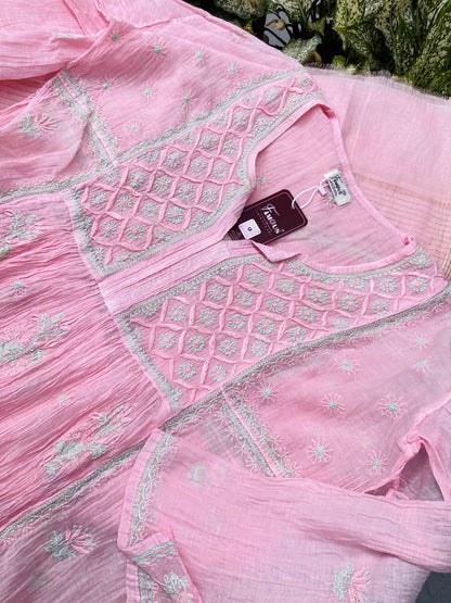Baby Pink Chikankari Semi-Stitched Mul Chanderi Gown With Dupatta