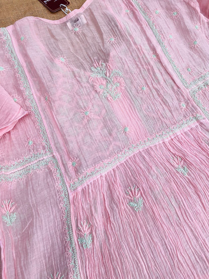 Baby Pink Chikankari Semi-Stitched Mul Chanderi Gown With Dupatta