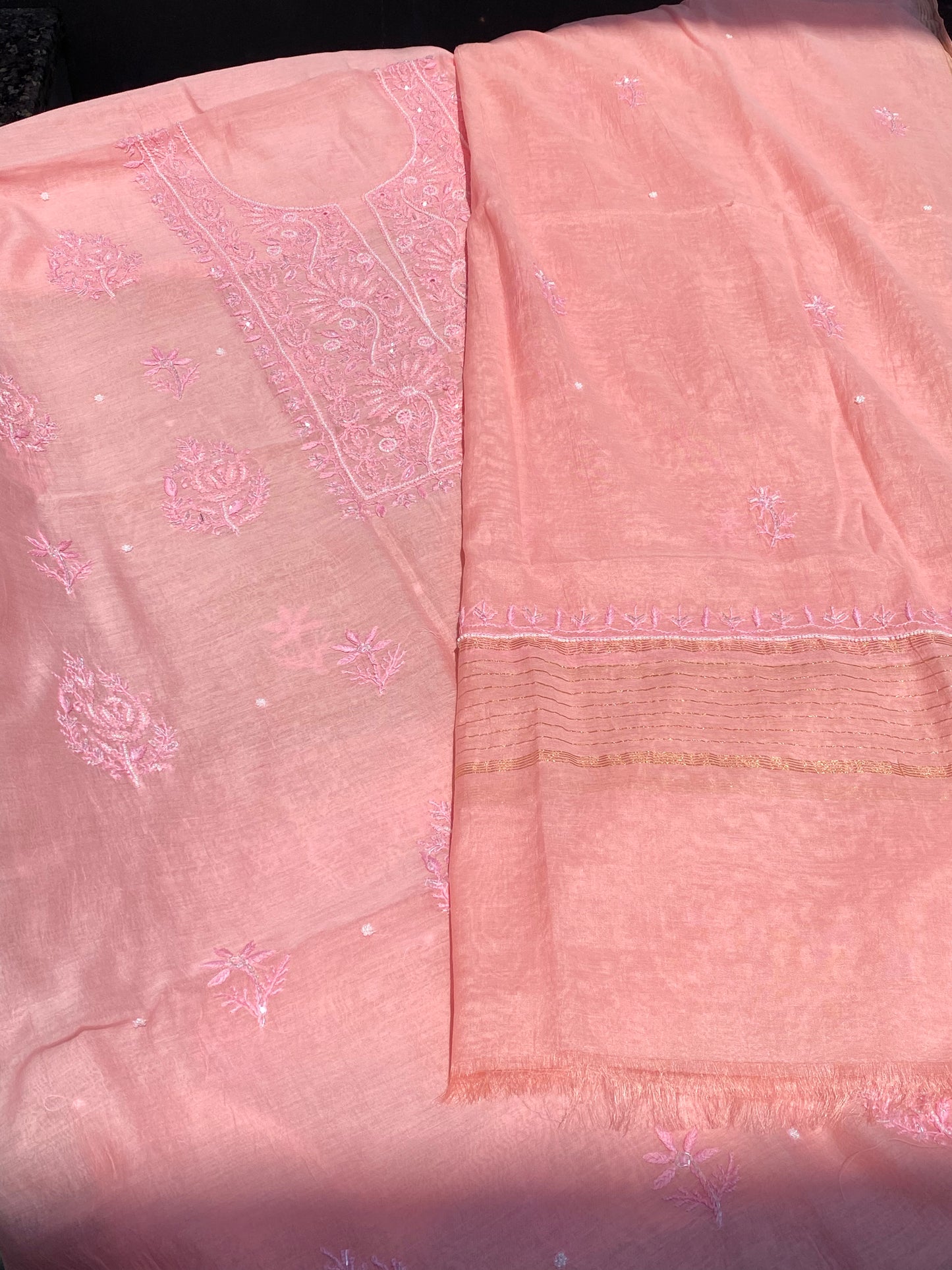 Blush Pink Mul Chanderi Chikankari Unstitched Dress