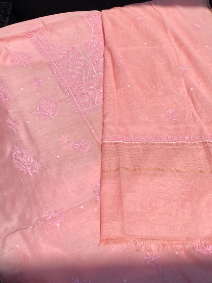Blush Pink Mul Chanderi Chikankari Unstitched Dress - Famous Chikankari
