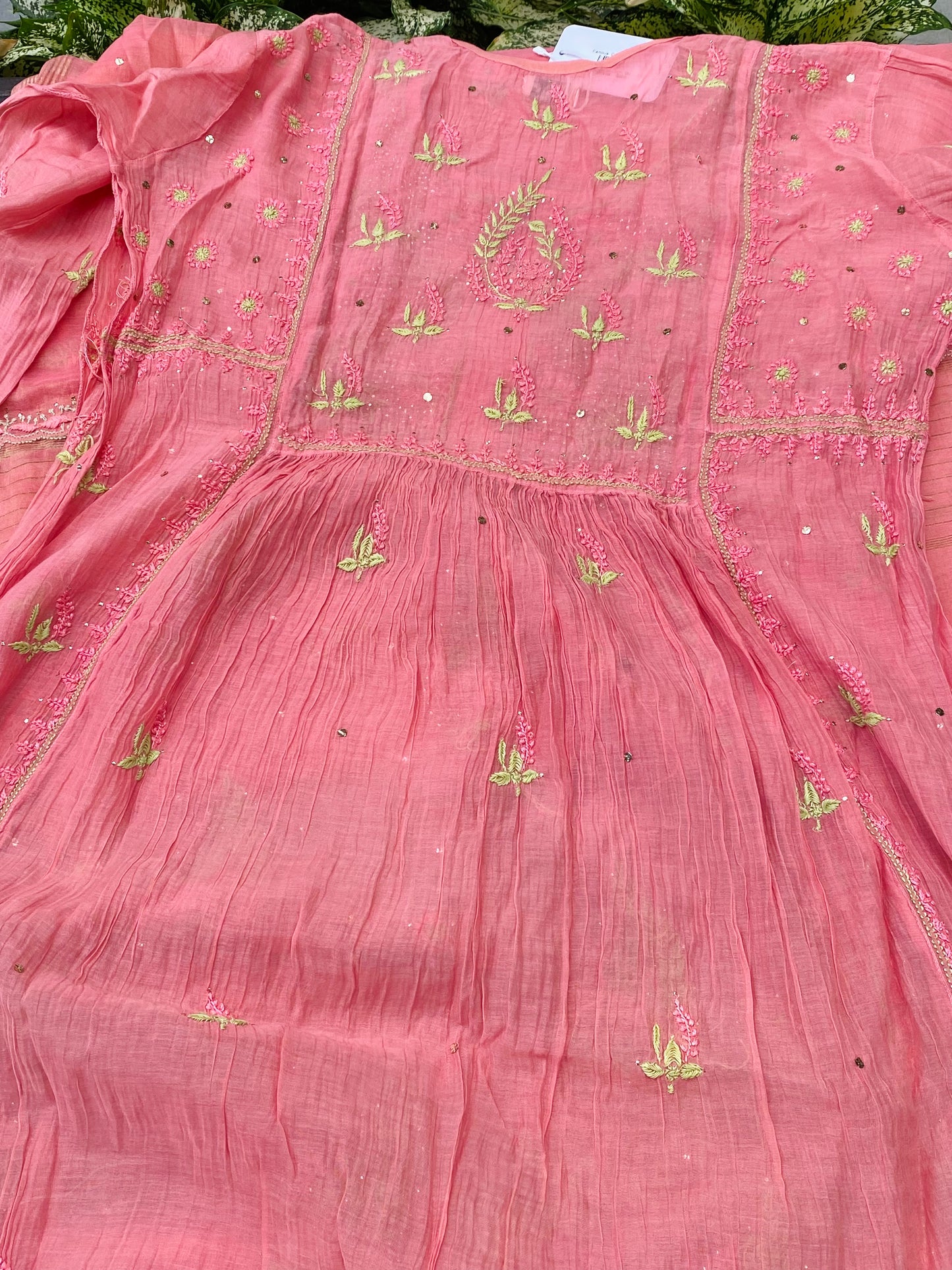 Zaraish Chikankari Semi-Stitched Mul Chanderi Gown With Dupatta-Peach