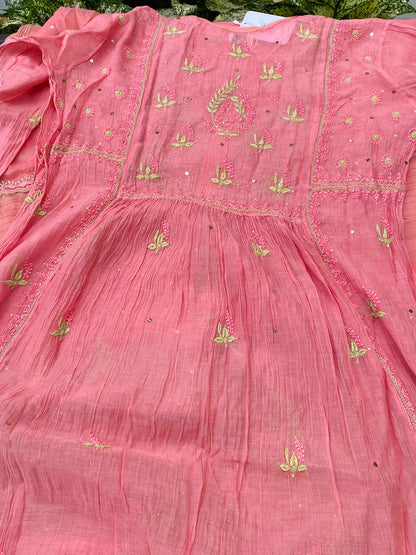 Zaraish Chikankari Semi-Stitched Mul Chanderi Gown With Dupatta-Peach
