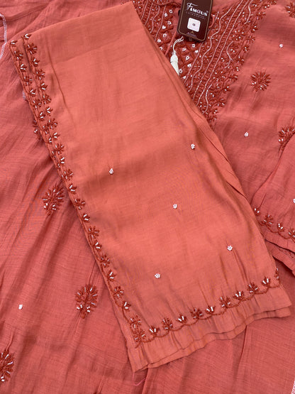 Aiza – Rust Chikankari Semi-Stitched Kurta & Pant Set