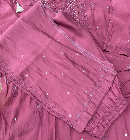 Aiza – Wine Chikankari Semi-Stitched Kurta & Pant Set