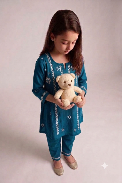 Little Jasmin - Navy Blue Chikankari Side Pleated Kidswear Set