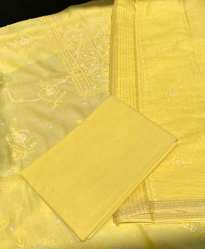 Yellow Mul Chanderi Chikankari Unstitched Dress - Famous Chikankari