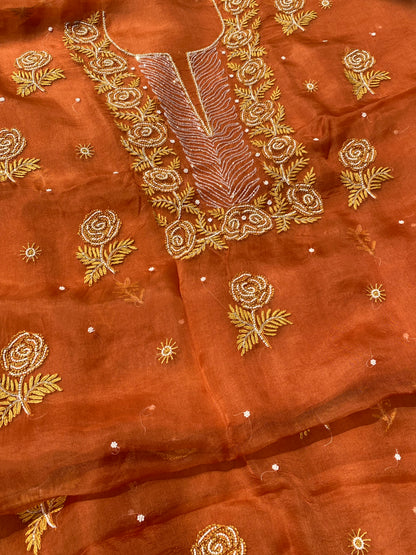 Meher Premium Organza Chikankari Unstiched Dress- Mustard