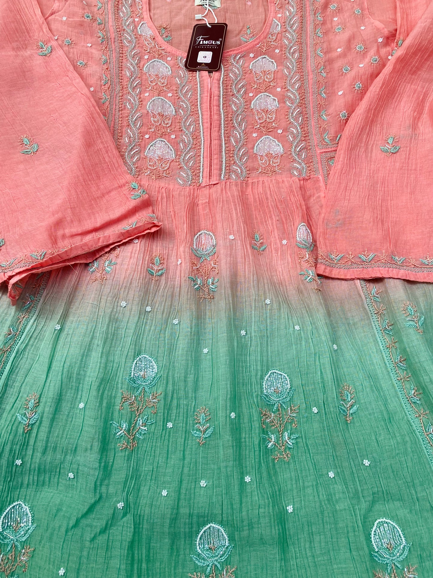 Rahat Dual Tone Chikankari Semi-Stitched Gown Dupatta Set - Peach/Green