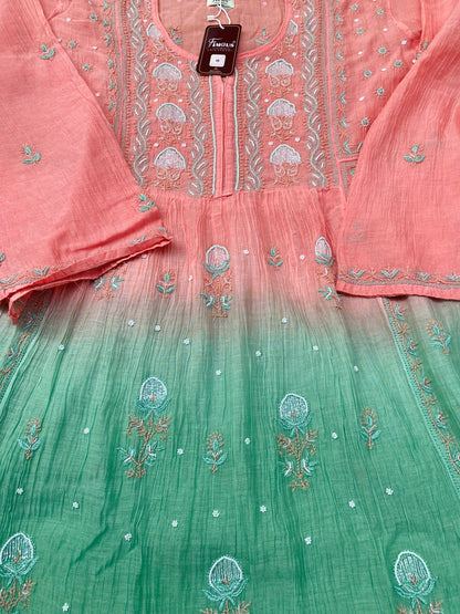 Rahat Dual Tone Chikankari Semi-Stitched Gown Dupatta Set - Peach/Green