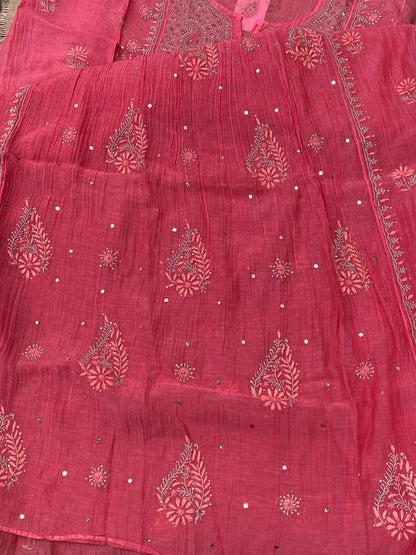 Zaraish Chikankari Semi-Stitched Mul Chanderi Gown With Dupatta-Carrot