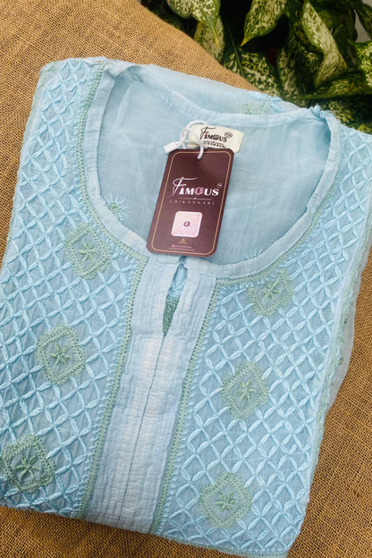 A folded light blue embroidered kurta with a geometric pattern and a split neckline, shown with a 'FAMOUS COLLECTION' tag on a burlap surface with green leaves in the background.