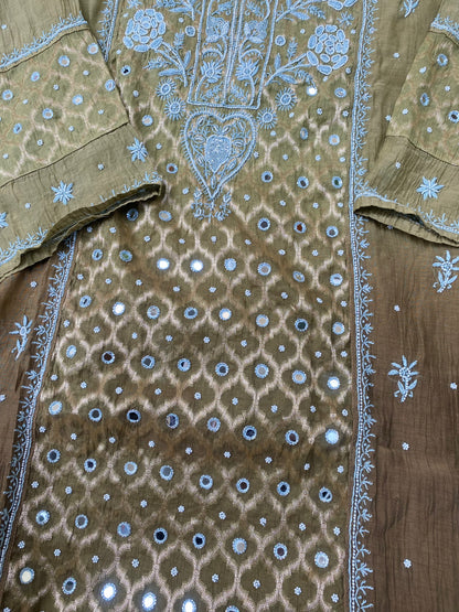 Sheesha Olive Green Ombre Chikankari Kurta & Dupatta