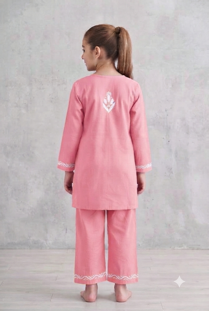 Little Jasmin - Pink Chikankari Side Pleated Kidswear Set