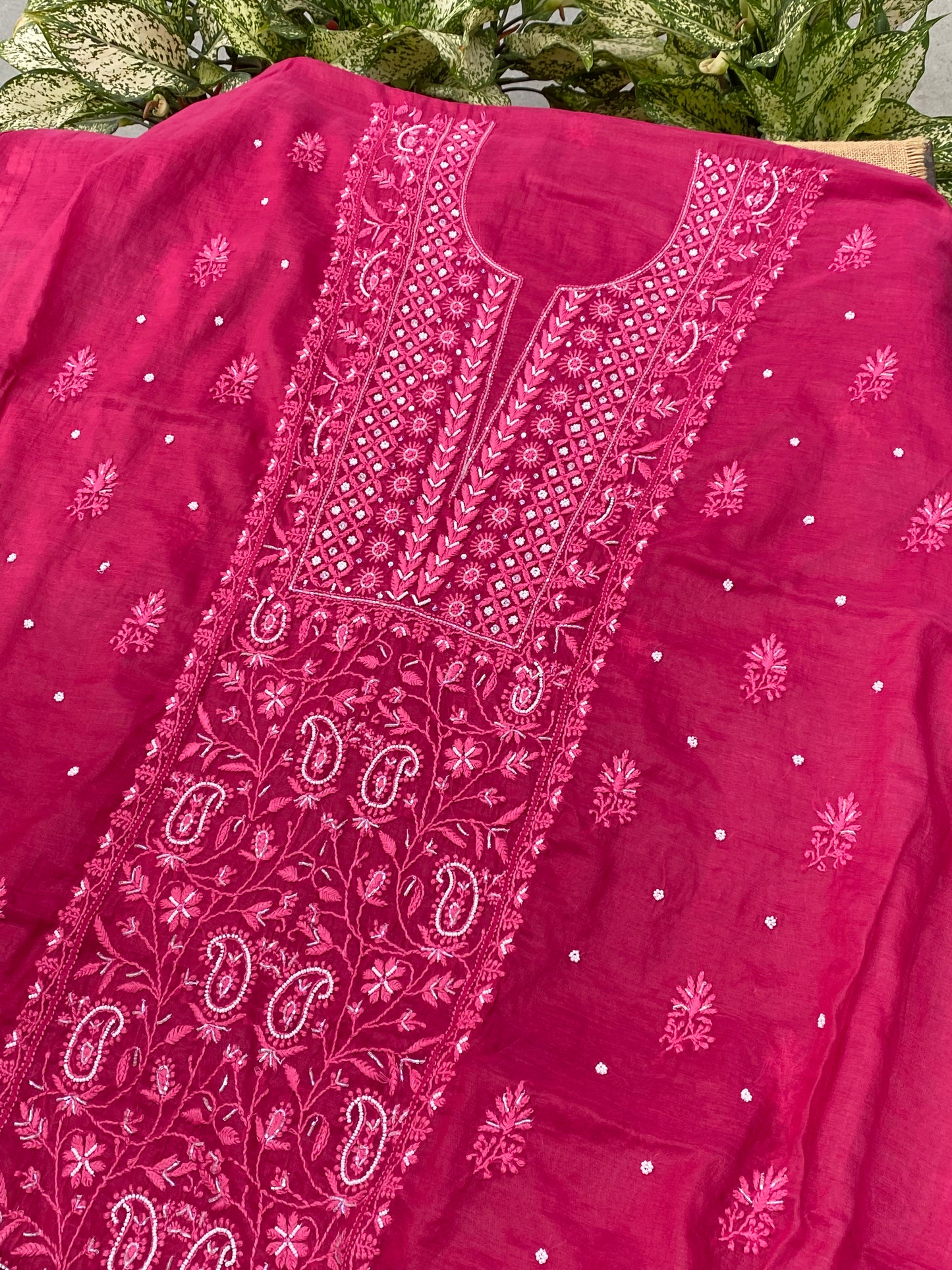 Mul Chanderi Chikankari Panel Work Unstitched Dress Material