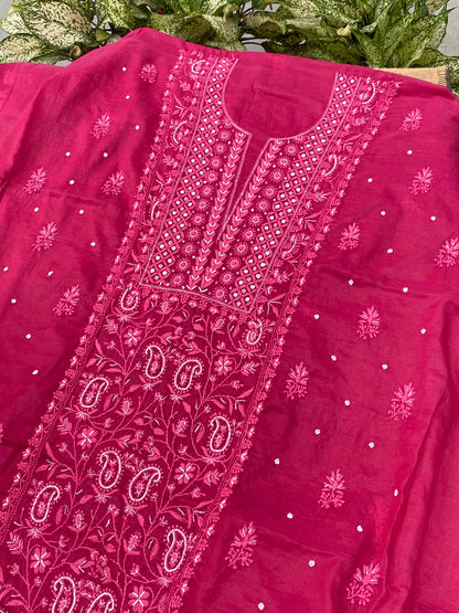 Mul Chanderi Chikankari Panel Work Unstitched Dress Material