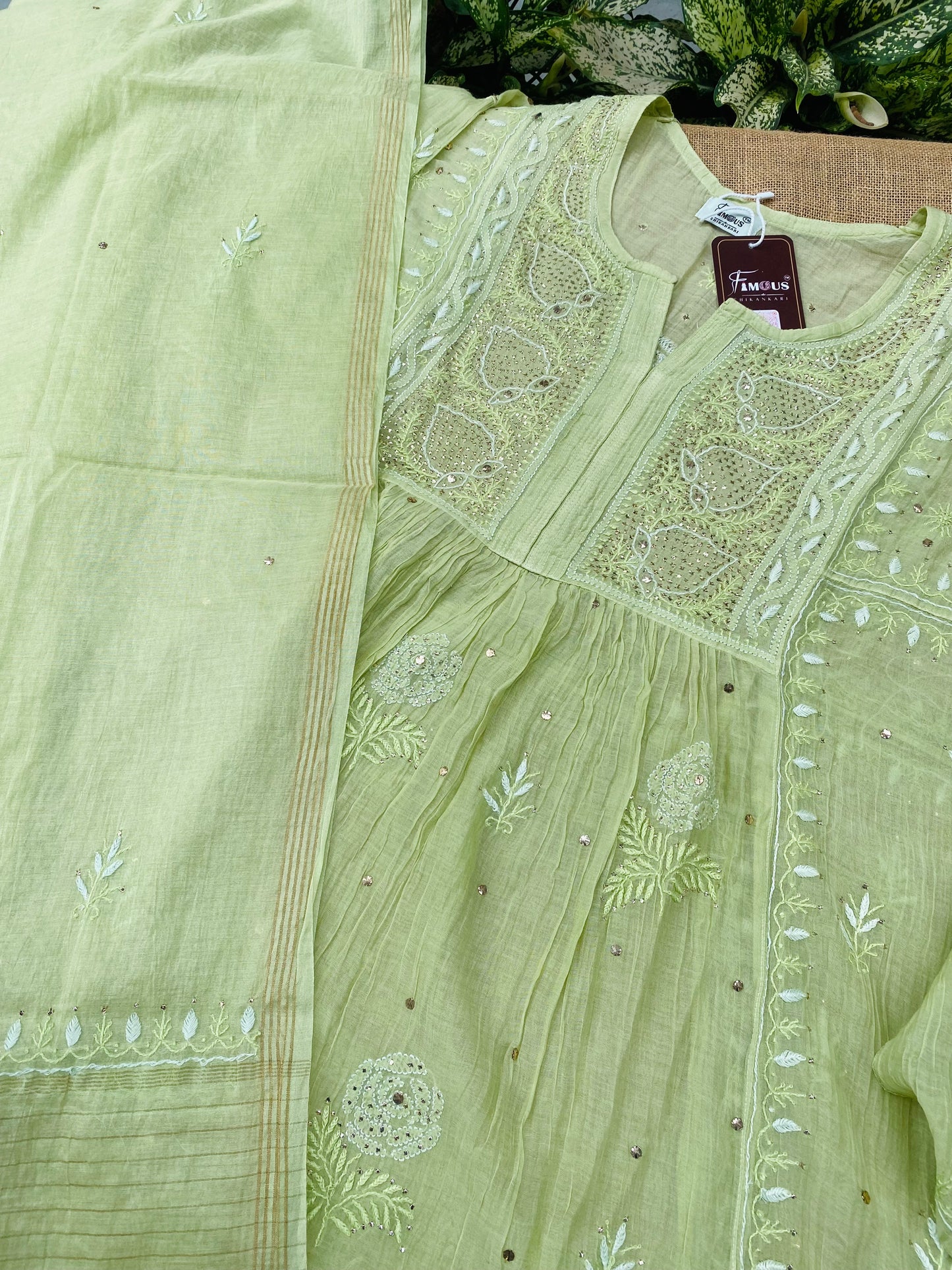 Zaraish Chikankari Semi-Stitched Mul Chanderi Gown With Dupatta-Pista Green