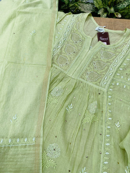 Zaraish Chikankari Semi-Stitched Mul Chanderi Gown With Dupatta-Pista Green