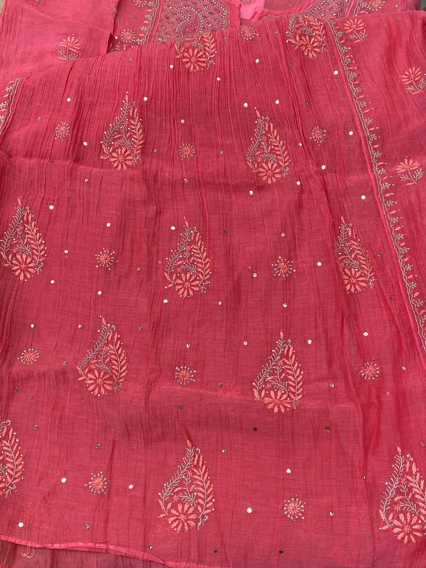 Zaraish Chikankari Semi-Stitched Mul Chanderi Gown With Dupatta-Carrot
