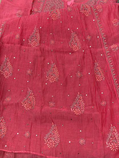 Zaraish Chikankari Semi-Stitched Mul Chanderi Gown With Dupatta-Carrot