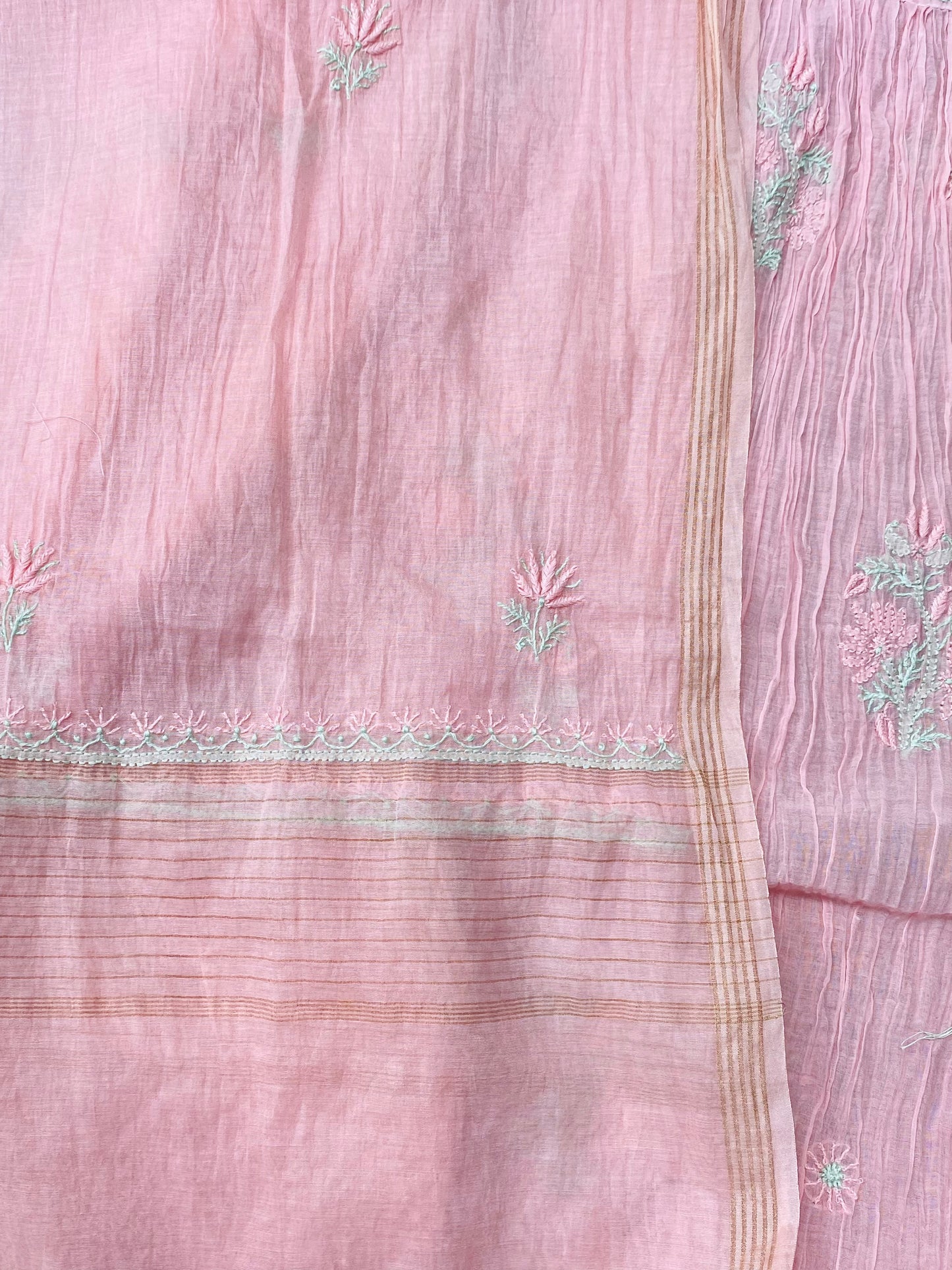 Baby Pink Chikankari Semi-Stitched Mul Chanderi Gown With Dupatta