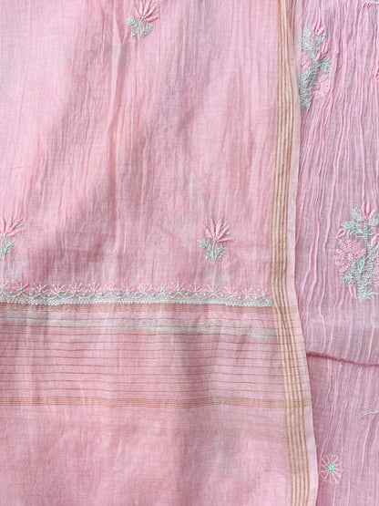 Baby Pink Chikankari Semi-Stitched Mul Chanderi Gown With Dupatta