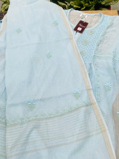 Sky Blue Chikankari Semi-Stitched Mul Chanderi Gown With Dupatta