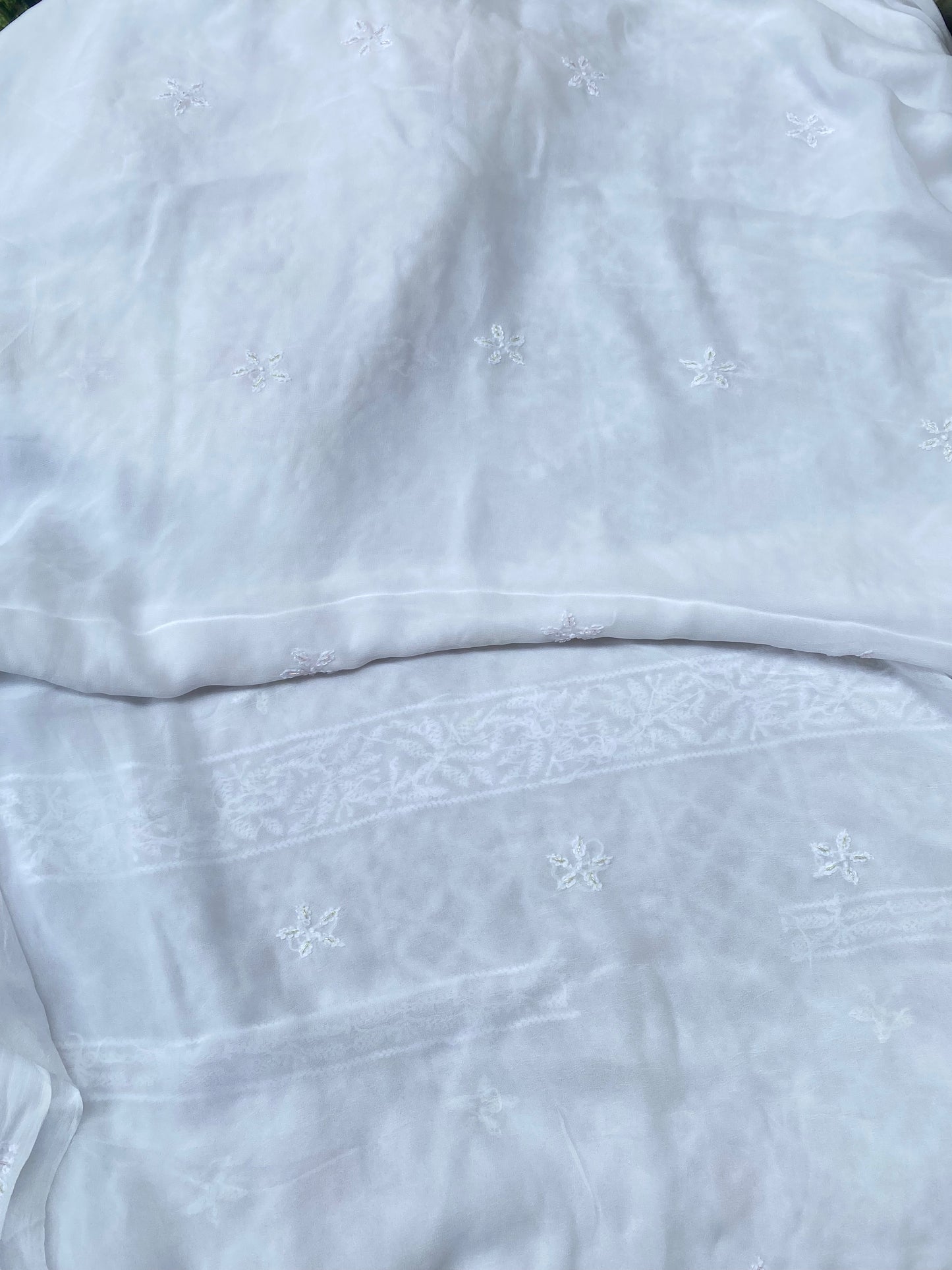 Rangrez Noor| White Chikankari Unstitched Suit with Multicolour Addons