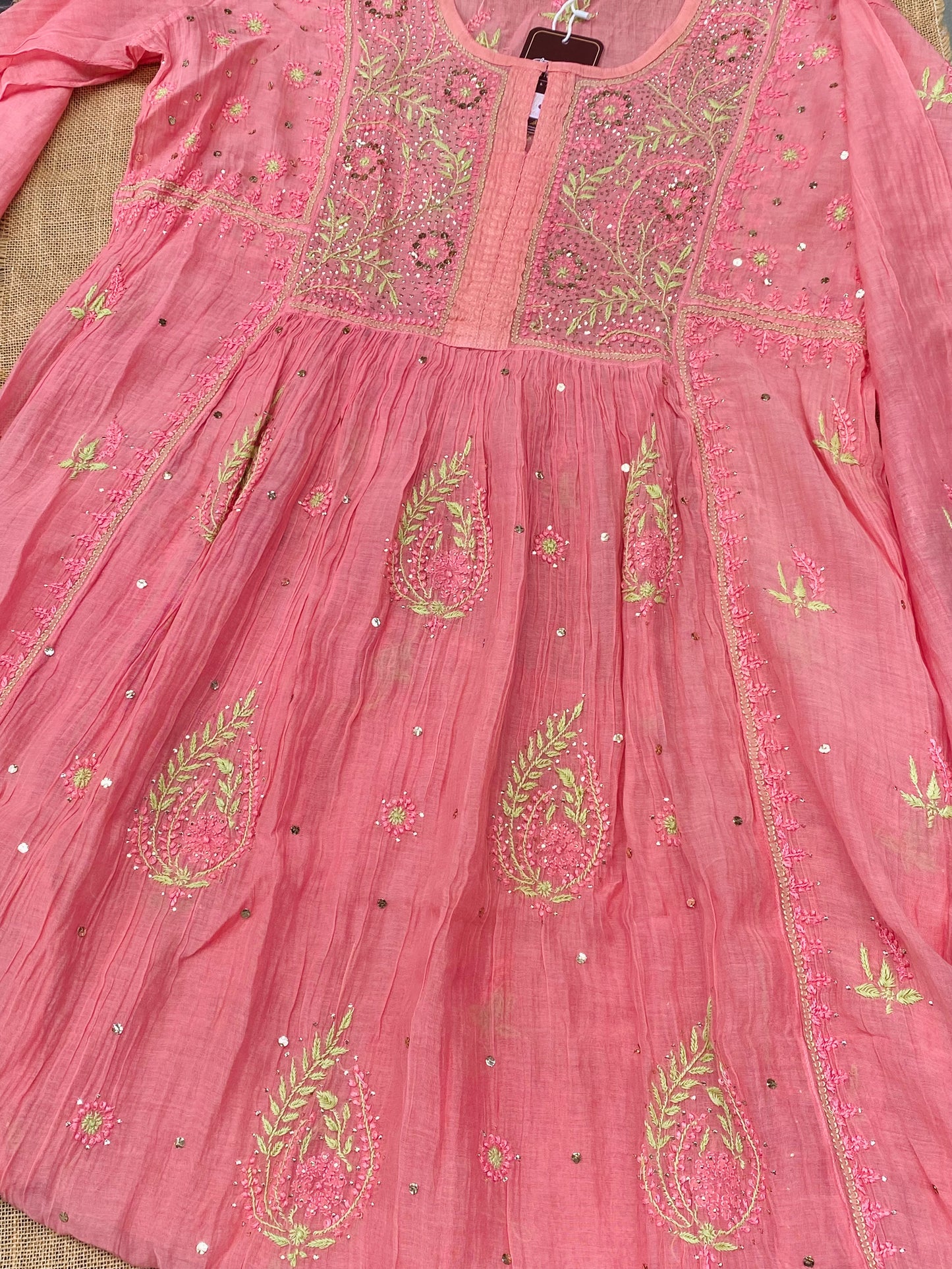 Zaraish Chikankari Semi-Stitched Mul Chanderi Gown With Dupatta-Peach