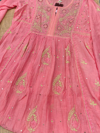 Zaraish Chikankari Semi-Stitched Mul Chanderi Gown With Dupatta-Peach