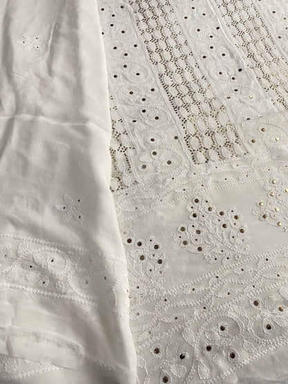Safed Chikankari Mukaish Viscose Unstitched Dress - Famous Chikankari