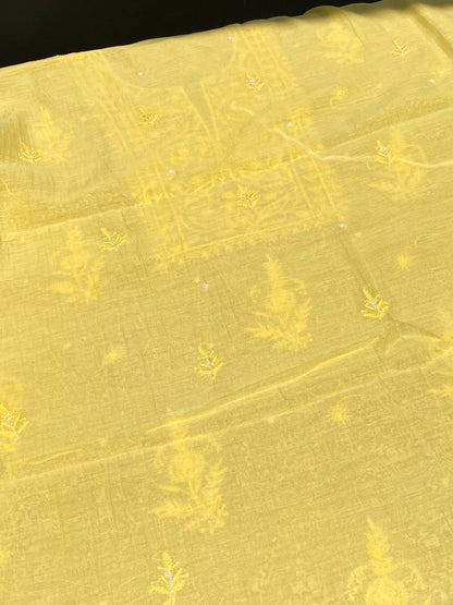 Yellow Mul Chanderi Chikankari Unstitched Dress - Famous Chikankari