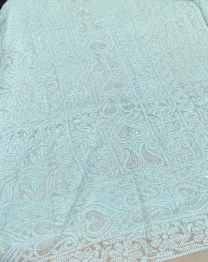 Rangrez Noor| Pale Sea Green Chikankari Unstitched Suit with Pearl Addons