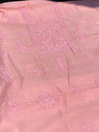Blush Pink Mul Chanderi Chikankari Unstitched Dress - Famous Chikankari