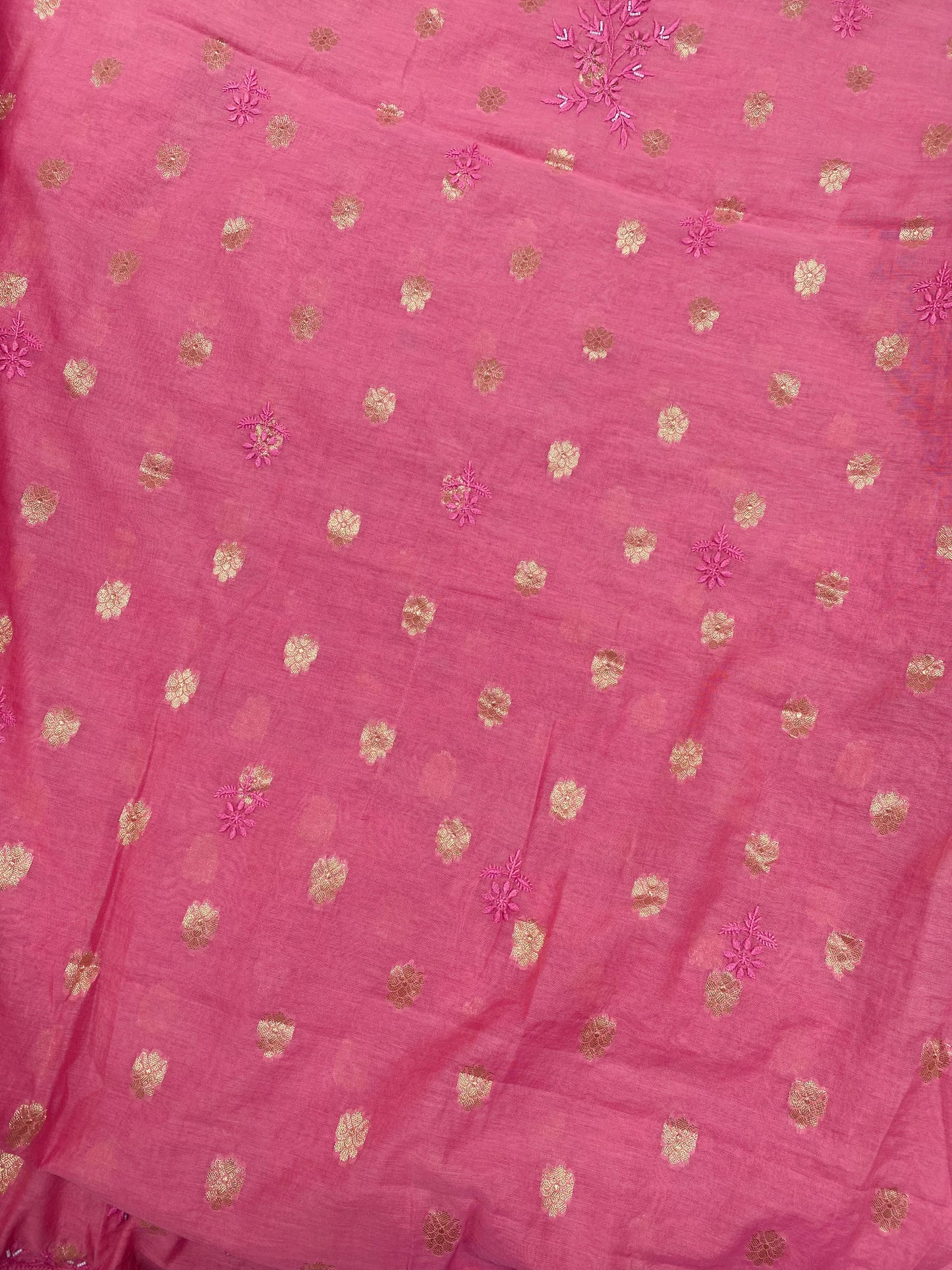 Peachish Pink Chanderi Silk Chikankari Unstitched Suit