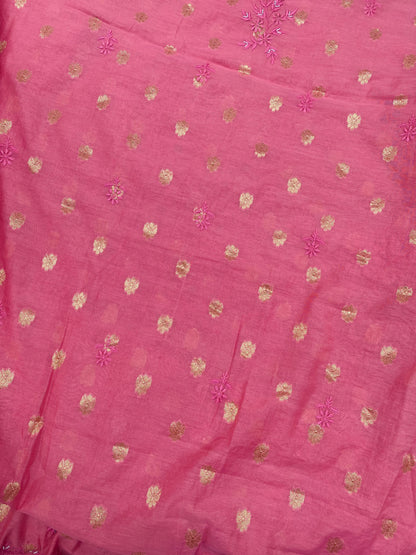 Peachish Pink Chanderi Silk Chikankari Unstitched Suit
