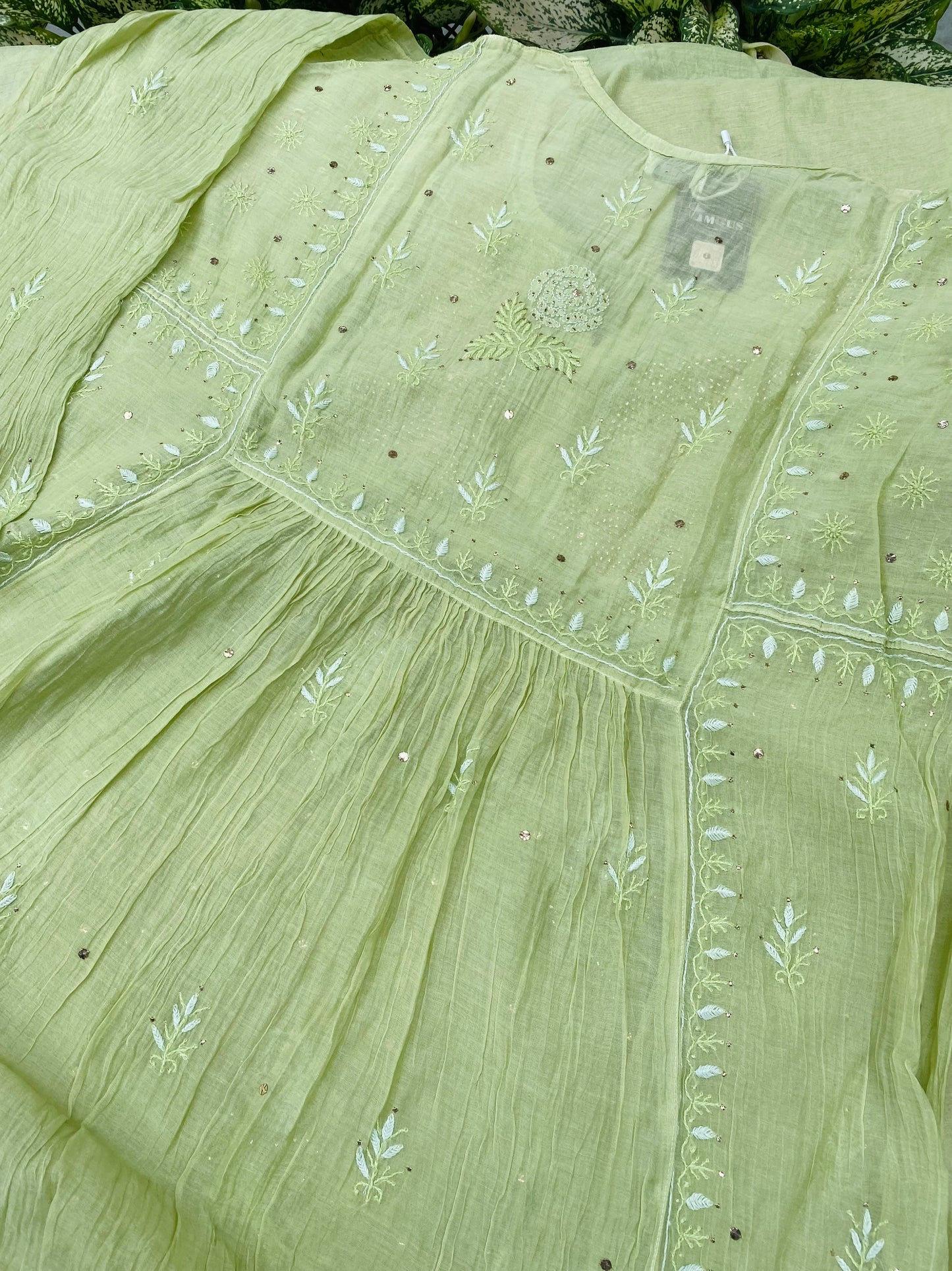 Zaraish Chikankari Semi-Stitched Mul Chanderi Gown With Dupatta-Pista Green