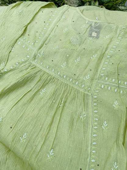 Zaraish Chikankari Semi-Stitched Mul Chanderi Gown With Dupatta-Pista Green