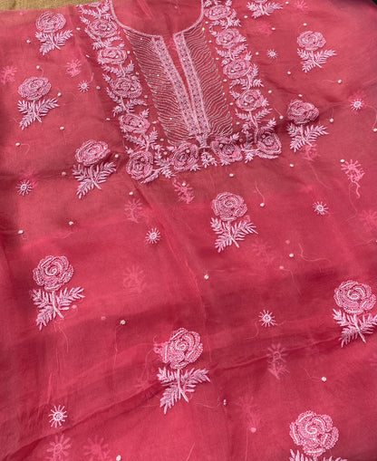 Meher Premium Organza Chikankari Unstiched Dress-Tomato Red