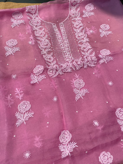 Meher Premium Organza Chikankari Unstiched Dress-Onion Pink