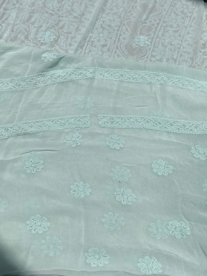 Rangrez Noor| Pale Sea Green Chikankari Unstitched Suit with Pearl Addons