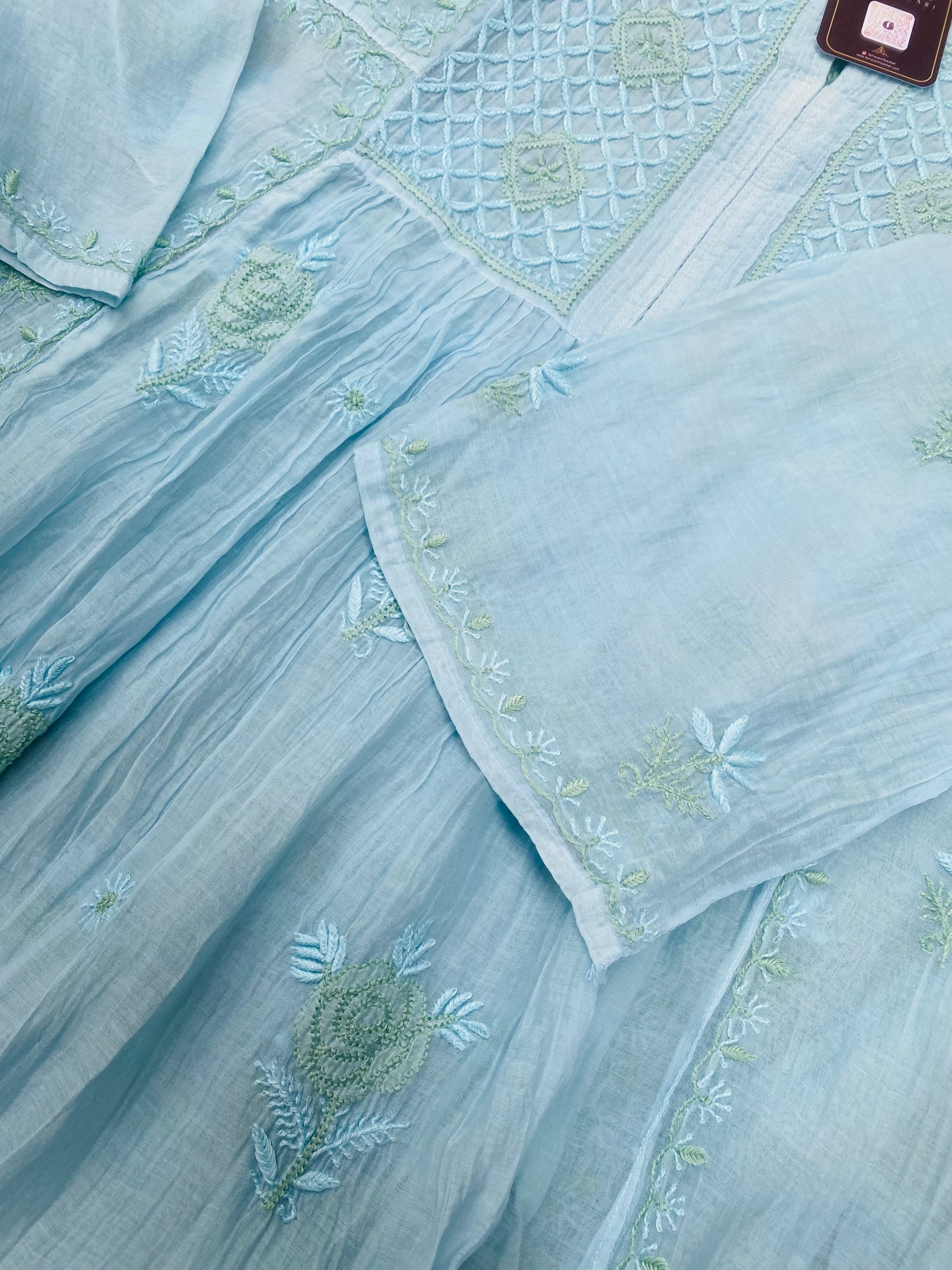 Sky Blue Chikankari Semi-Stitched Mul Chanderi Gown With Dupatta