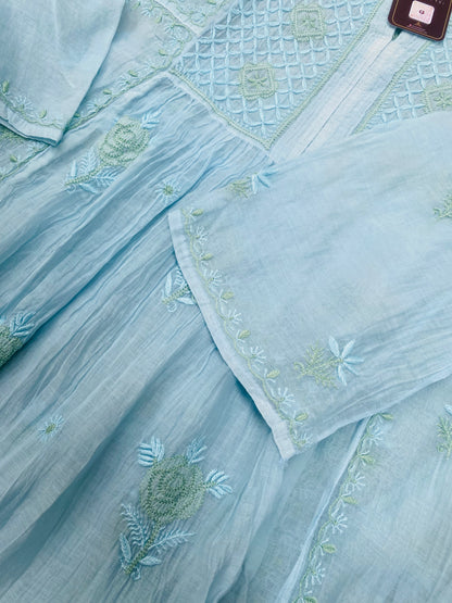 Sky Blue Chikankari Semi-Stitched Mul Chanderi Gown With Dupatta