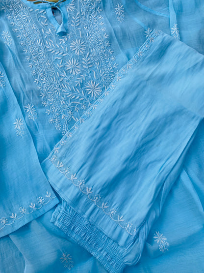 Anisa – Sky Blue Chikankari Semi-Stitched Kurta & Pant Set