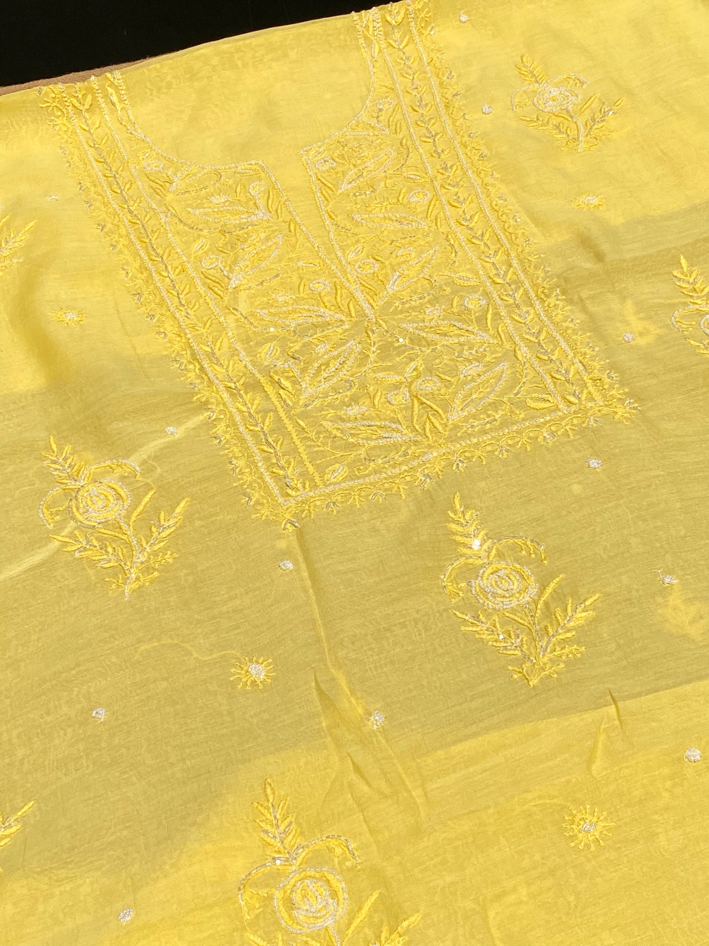 Yellow Mul Chanderi Chikankari Unstitched Dress