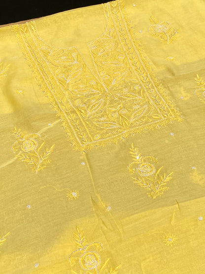 Yellow Mul Chanderi Chikankari Unstitched Dress - Famous Chikankari